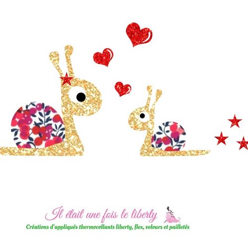 Appliqué thermocollant escargot et bébé en tissu liberty betsy ann chèvrefeuille, wilshire corail