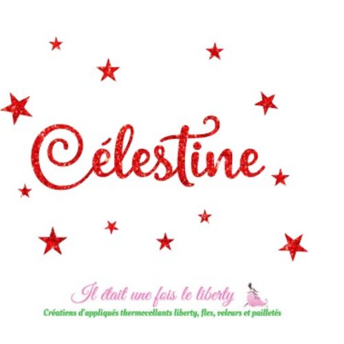 Prénom thermocollant personnalisable de 9 lettres (célestine, ex.) hauteur de la majuscule 3 cm, en flex pailleté (coloris au choix)