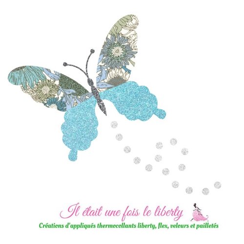 Appliqués thermocollants papillon en liberty small suzanna bleu et flex pailleté, patch à repasser sans couture