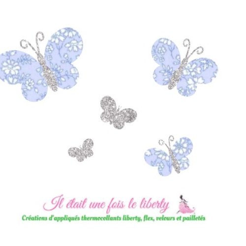 Appliqués thermocollants papillons en tissu libertycapel bleu ciel et tissu pailleté , patch à repasser sans couture