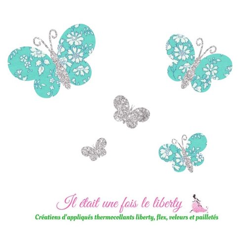 Appliqués thermocollants papillons en tissu liberty capel mint et tissu pailleté , patch à repasser sans couture
