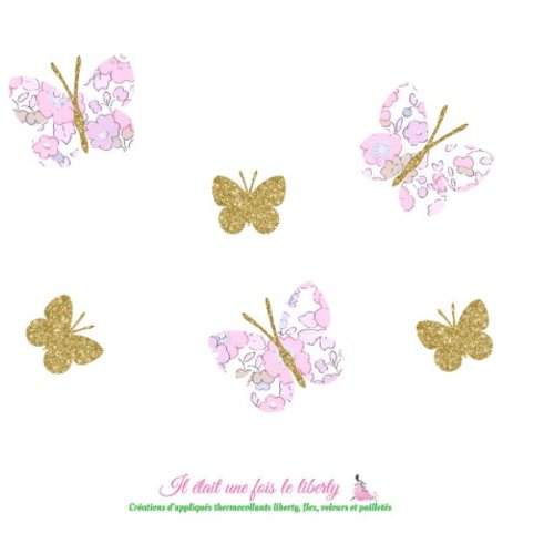Appliqués thermocollants papillons en tissu liberty betsy buvard et flex pailleté, patch à repasser sans couture