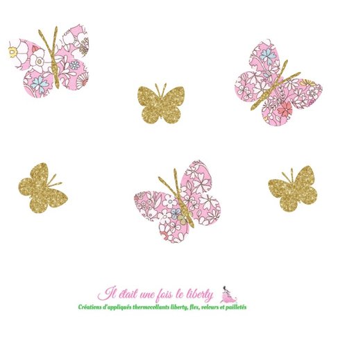 Appliqués thermocollants papillons en tissu liberty  june meadow's rose et flex pailleté, patch à repasser sans couture