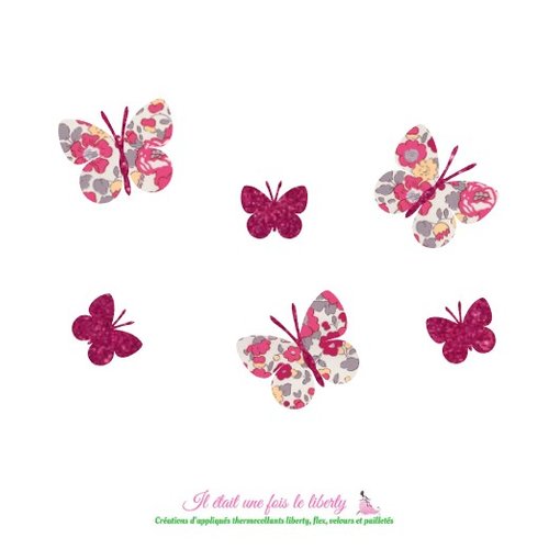 Appliqués thermocollants papillons en tissu liberty betsy bougainvillée et flex pailleté, patch à repasser sans couture