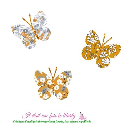 Appliqué thermocollant papillons en tissus liberty moutarde et flex pailleté, à recomposer et repasser, sans couture