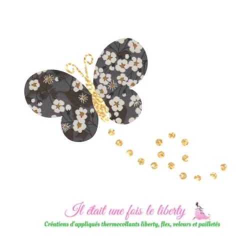 Appliqués thermocollants papillon en liberty  mitsi gris acier et flex pailleté, patch à repasser sans couture