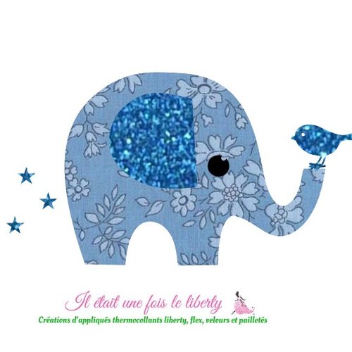 Appliqué thermocollant éléphant en tissu liberty capel bleu et flex pailleté écusson applique à recomposer sans couture