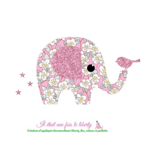 Appliqué thermocollant éléphant en tissu liberty ffion rose et flex pailleté écusson applique à recomposer sans couture
