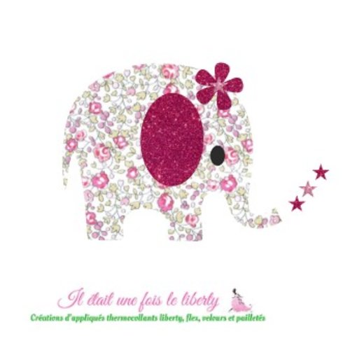 Appliqué thermocollant éléphant en tissu liberty eloïse rose et flex pailleté, à recomposer et repasser, sans couture