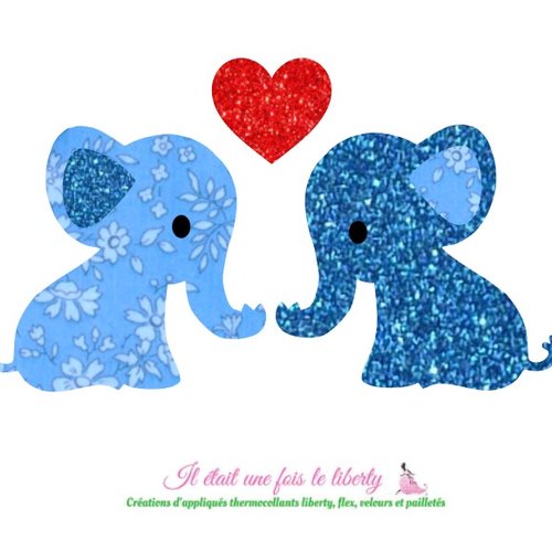 Appliqué thermocollant 2 elephanteaux en tissu capel bleu et flex pailleté, patch à repasser à recomposer, sans couture