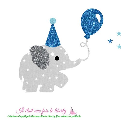 Appliqué thermocollant éléphant chapeau pointu et ball en tissu gris étoilé et flex pailleté, à recomposer et repasser, sans couture