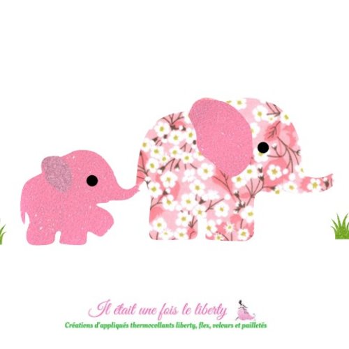 Appliqué thermocollant éléphante et son bébé en tissu liberty mitsi valeria et flex pailleté, à recomposer et repasser, sans couture