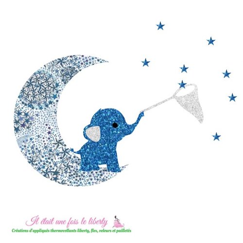 Appliqués thermocollants éléphant sur une lune et étoiles en tissu liberty adelajda bleu et tissu pailleté, patch à repasser écusson