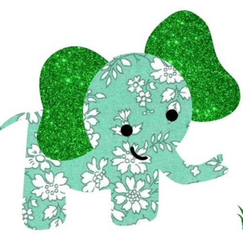 Appliqué thermocollant eléphant tissu liberty capel vert et flex pailleté patch à repasser à recomposer, sans couture