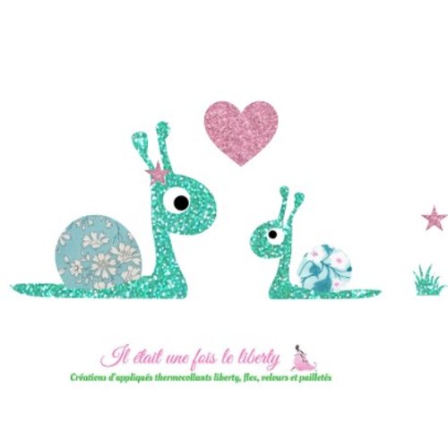 Appliqué thermocollant escargot et son bébé en tissu liberty mitsi mint et vert sauge étoilé, flex pailletés, à recomposer *