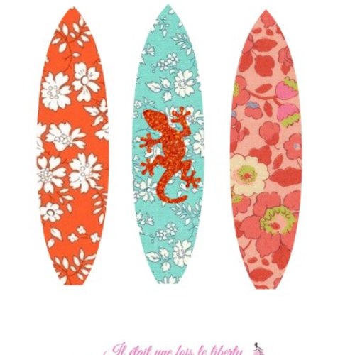 Appliqués thermocollants 3 planches de surf indépendantes en tissus liberty capel, betsy et flex pailletés