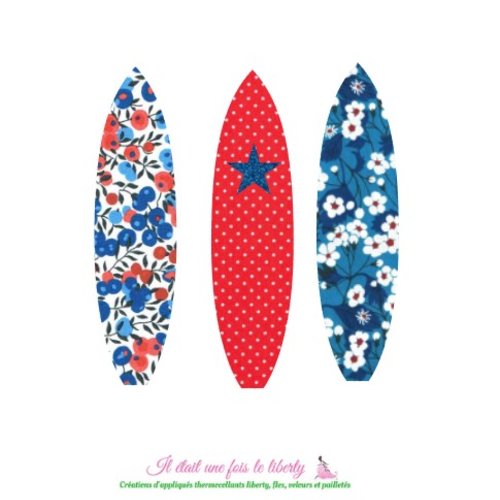 Appliqués thermocollants 3 planches de surf indépendantes en tissus liberty wiltshire, mitsi, étoilé rouge et flex pailletés
