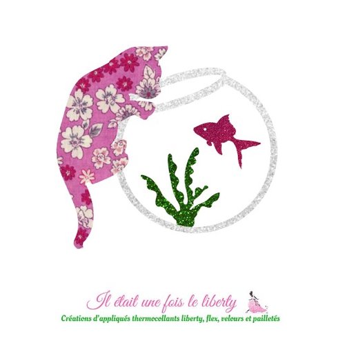 Appliqués thermocollants petit chat aquarium poisson rose en liberty lecien rose flex pailletés patch à repasser sans couture