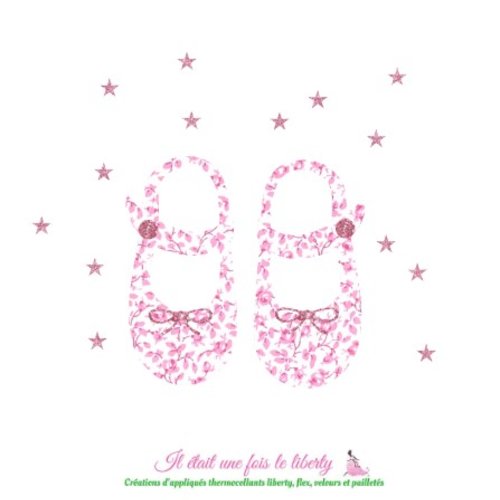 Appliqué thermocollant chaussures sandales fillette bébé chaussons bébé liberty mickaël rose flex pailleté cadeau de naissance