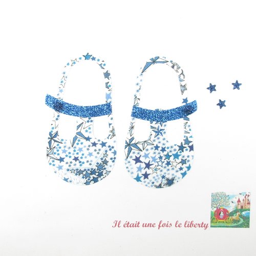 Appliqué thermocollant chaussures sandales garçon bébé chaussons en liberty adelajda bleu et flex pailleté cadeau de naissance