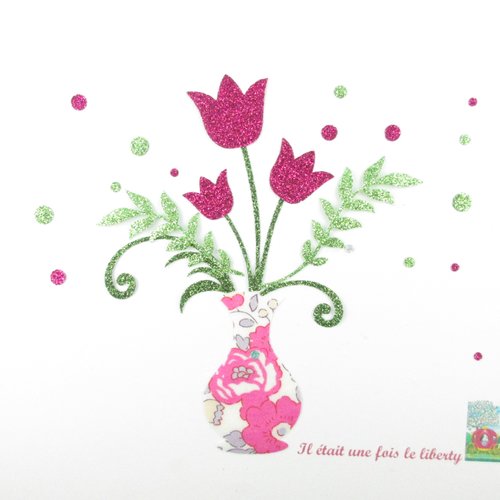 Appliqués thermocollants bouqtet de tulipes dans un vase en tissu liberty bétsy pierre de lune et  flex pailleté pailleté