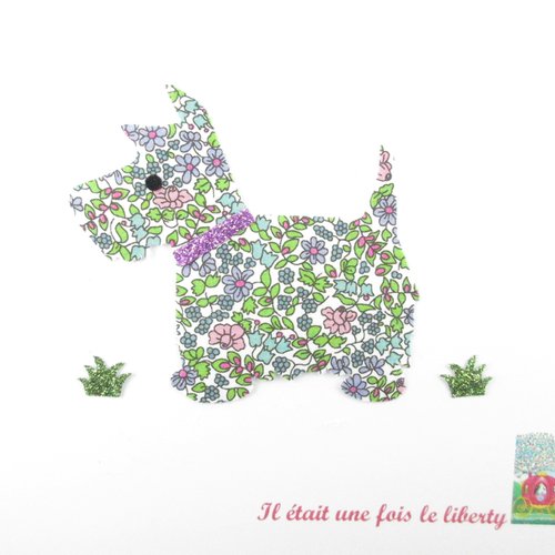 Appliqué thermocollant chien scottish en tissu liberty emilia's flowers vert et mauve et flex pailletés