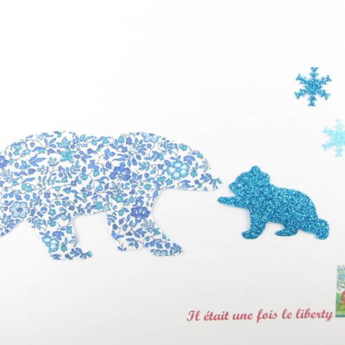 Appliqués thermocollants ours polaire en tissu liberty katie and millie bleu, "ourse polaire et son petit ourson". 