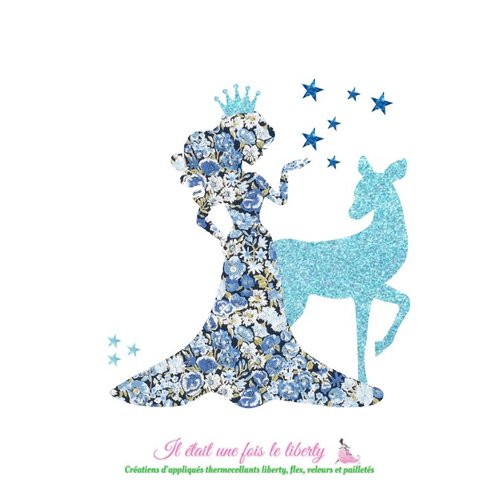 Appliqué thermocollant princesse et biche en tissu liberty chive bleu et flex pailleté