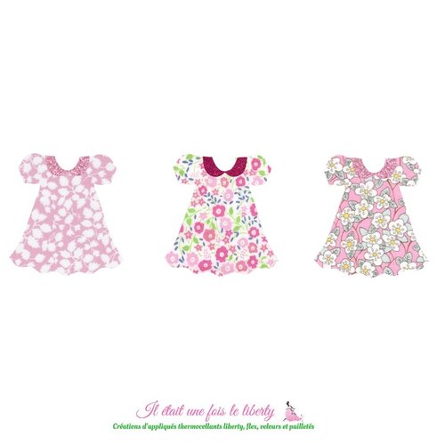 Appliqués thermocollants 3 robes bébé filette réalisées en tissu liberty rose pâle et flex pailleté, sans couture à repasser