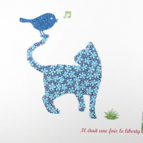 Appliqué thermocollant chat et petit oiseau siffleur en liberty speckle bleu 