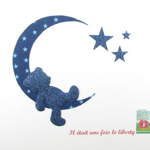 Appliqués thermocollants ours "bonne nuit..." en tissu bleu marine étoilé et flex pailleté. 