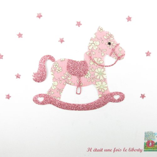 Appliqués thermocollants  cheval à bascule en tissu liberty capel rose et flex pailleté, chambre de bébé