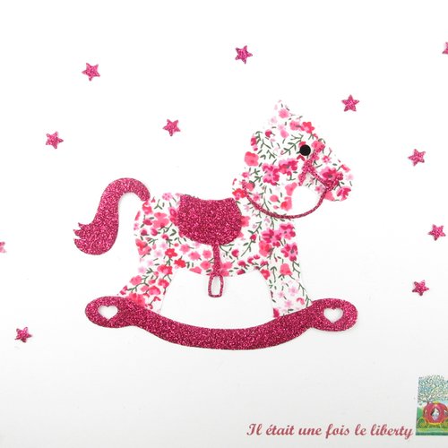 Appliqués thermocollants cheval à bascule en tissu liberty phoebe rose et flex pailleté, chambre de bébé