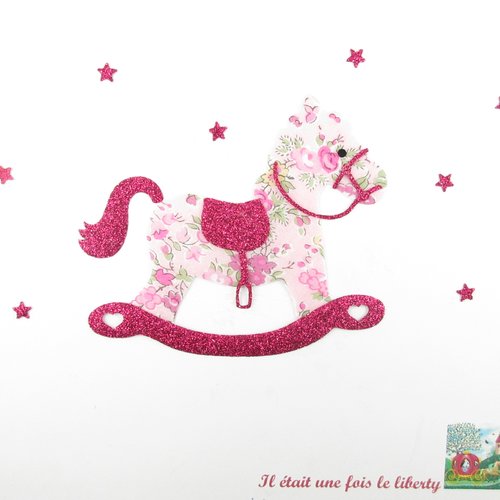 Appliqués thermocollants cheval à bascule en tissu liberty tatum rose et flex pailleté, chambre de bébé