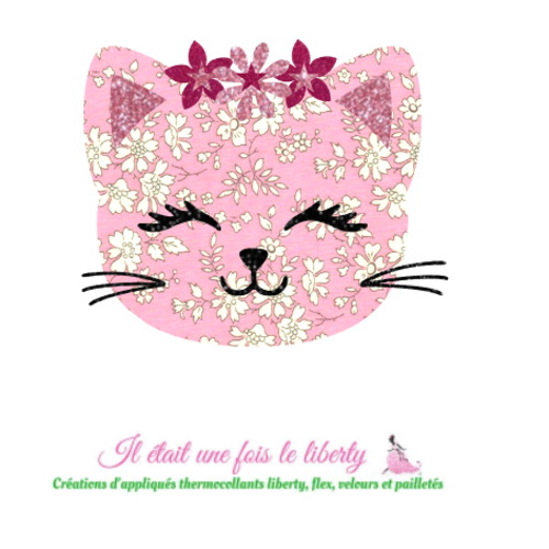 Appliqué thermocollant tête de chat tissu liberty capel rose flex pailleté patch à repasser sans couture