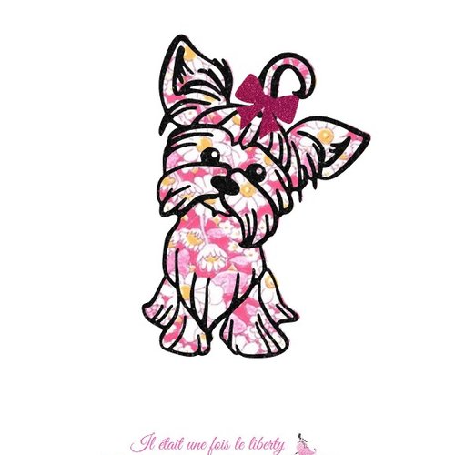 Appliqués thermocollants chien yorkshire en tissu liberty alice rose et flex pailleté, patch à repasser