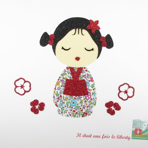 Appliqué thermocollant poupée japonaise kokeshi tissu liberty katie and millie et flex pailleté