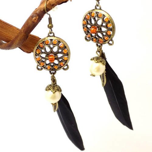 Boucles d'oreilles bronze plume noire perles orange
