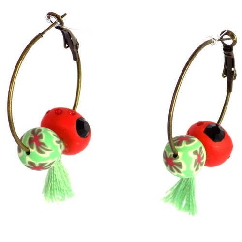 Créoles bronze perles rouge & fleurs pompon vert