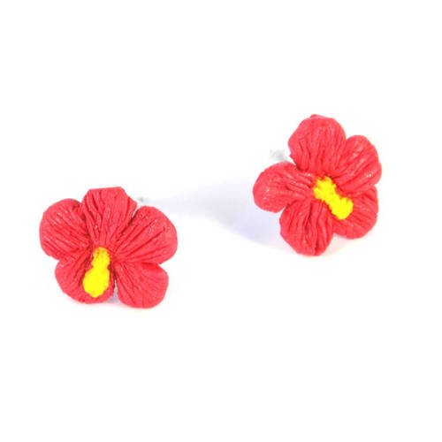 Puces d'oreilles fleur hibiscus rose foncé nacré jaune