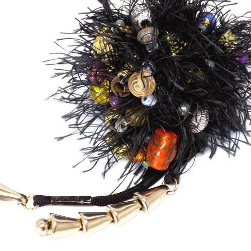Bijoux de sac pompon noir métallisé clochettes perles multicolore
