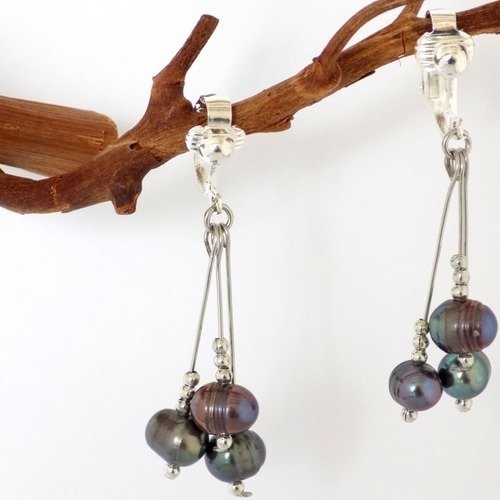 Boucles clips argentés 3 pendentifs perles naturelles violet reflets
