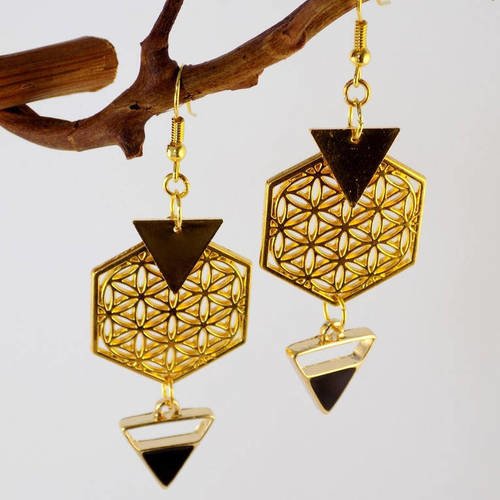 Boucles dorées hexagone fleur de vie 2 triangles noir émaillé et dorés