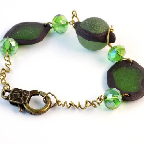Bracelet bronze verre dépoli marin vert et cristal