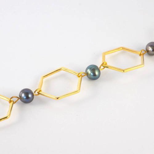 Bracelet doré hexagones perles de tahiti grises à reflets
