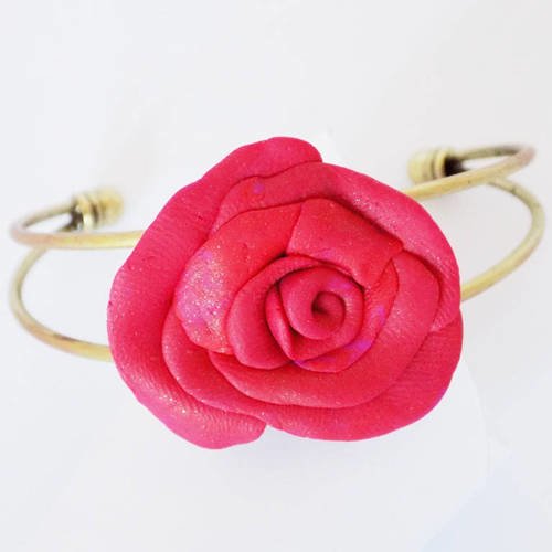Bracelet arc métal bronze grande rose polymère rose