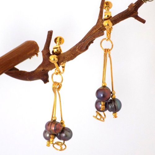 Boucles clips dorées 3 pendentifs perles naturelles violet reflets