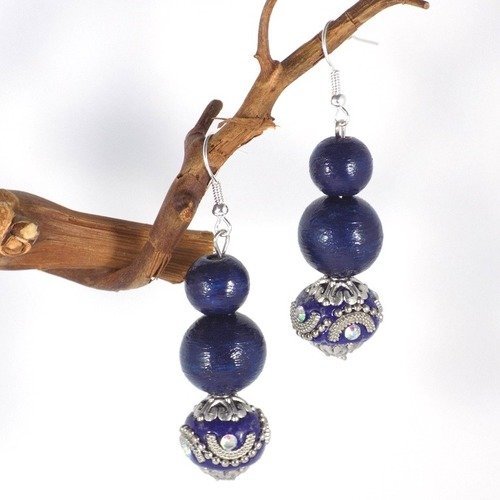 Boucles 3 perles bleues indonésienne argentées
