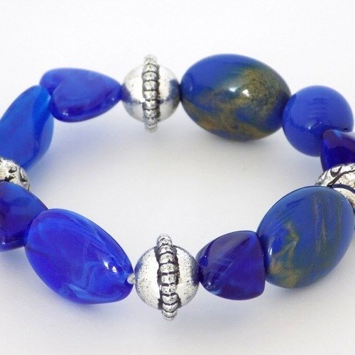 Bracelet bleu outremer argenté perles fantaisie acrylique