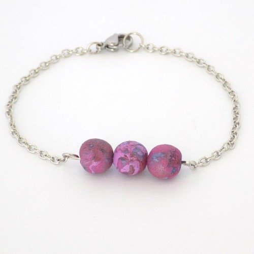 Bracelet argenté 3 perles violet mauve